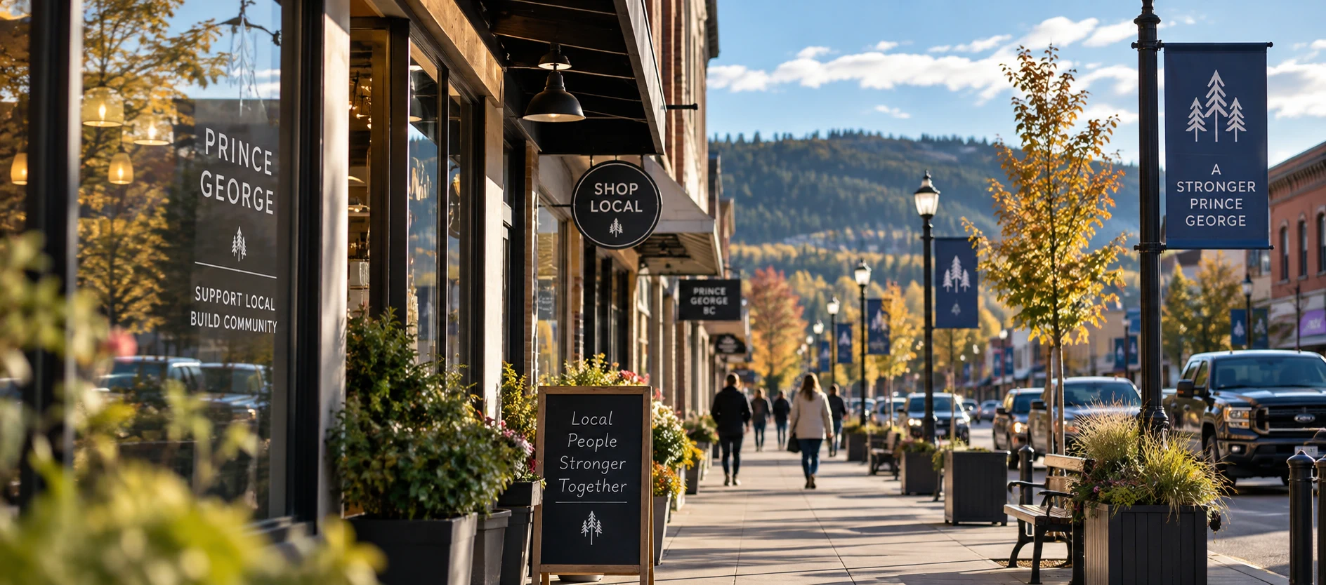 Shops and pedestrians along a tree-lined Prince George street in autumn