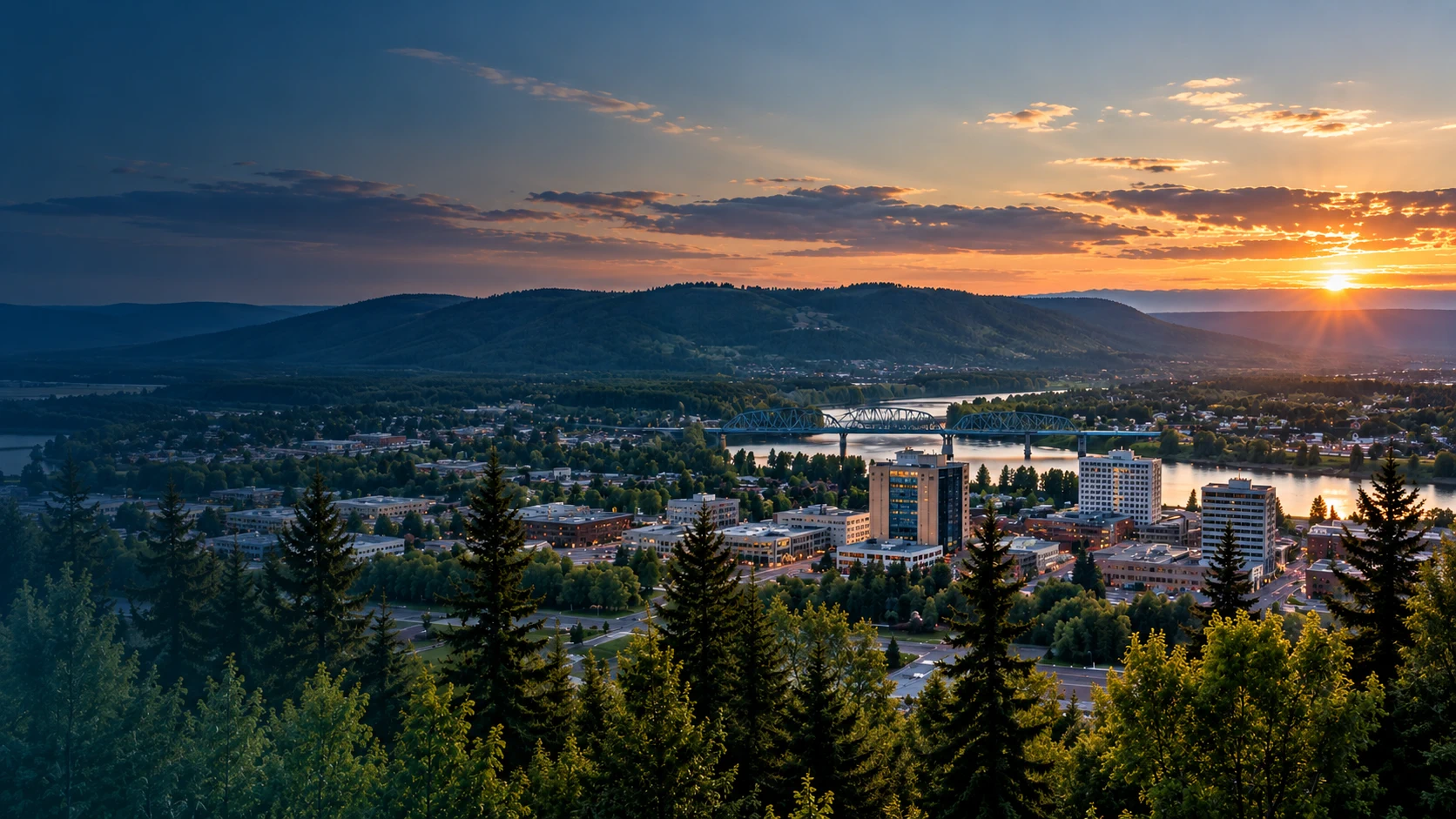 Prince George city, river, bridges, and forested hills at sunset